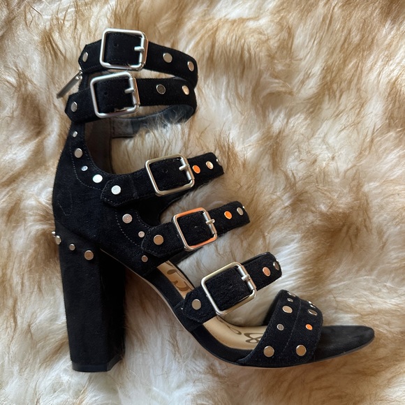 New Sam Edelman York Studded Heeled Sandals Black Suede Strappy Gladiator Heels - Picture 2 of 6